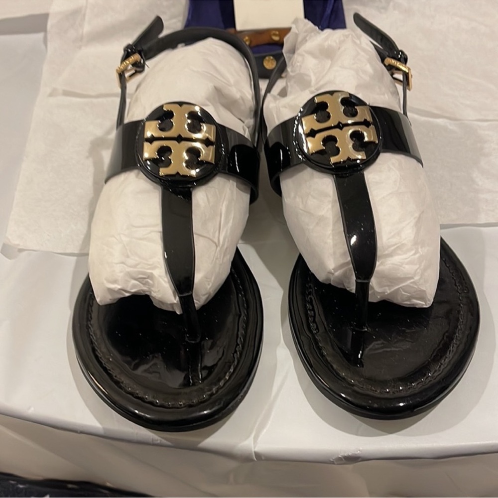 Tory butch Black Patent Leather Sandals with Logo size 9 1/2  hard to find.